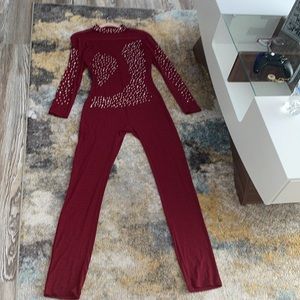 Burgundy jumpsuit with rhinestones. Size L